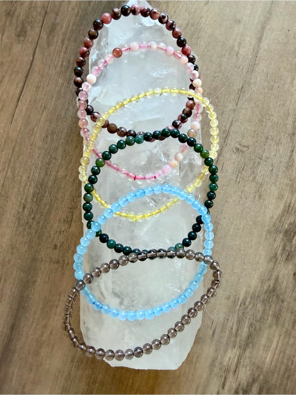 Multi-Color Beaded Stretch Bracelet Set - Pink, Yellow, Green, Blue, Brown
